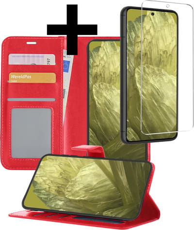 Hoesje - Met Screenprotector - Geschikt voor Google Pixel 8a - Luxe Pasjeshouder - Bookcase Portemonee - Flip Case - Kunstleer Book Case - Flipcase - Book Cover - Walletcase - Portemonneehoes - Telefoonhoesjes - Rood