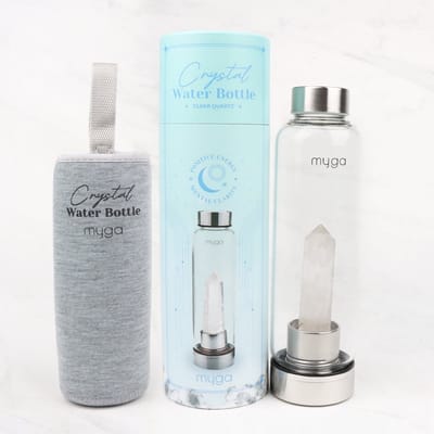 Myga Glazen Waterfles Met Heldere Kwarts Kristal - Met Neopreen Beschermhoes - Edelsteen - 500 ml - Drinkfles