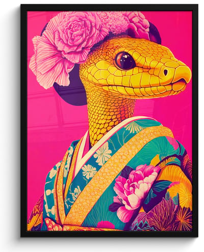 Poster in lijst - Fotolijst 50x70 cm - Posters - Hagedis - Bloemen - Roze - Kimono - Posterlijst zwart - Decoratie - Wanddecoratie woonkamer - Muurdecoratie slaapkamer