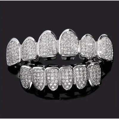 HipHop CZ Tanden Set Voor Unisex Blauwe Zirkoon Boven Onder Mond Goud Kleur Tanden Tandkap Verwijderbare Tandheelkundige Mode Sieraden white