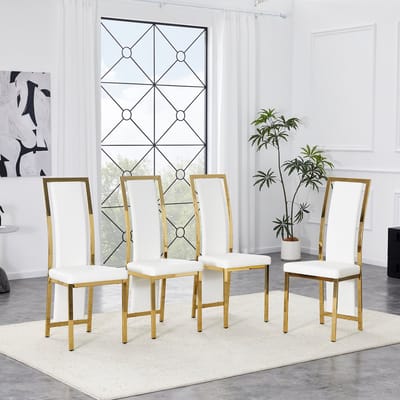 [Set van 4] Minimalistische Europese eetkamerstoelen met gouden accenten. Wit PU-leer + goudkleurig metalen frame, 109 cm hoog, veelzijdig te gebruiken in eetkamers, kantoren, etc.