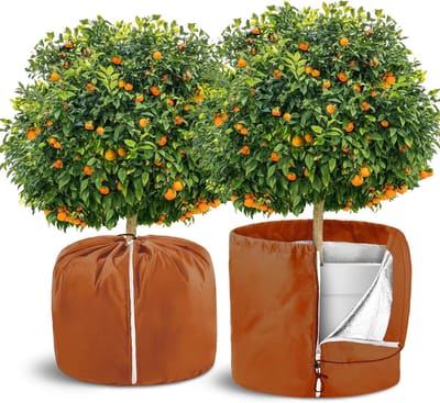 2 Stuks - Bloempot beschermhoes - 45 x 45 x 50 cm - Plantbeschermhoes - Vorstwerende plantenhoes - Ademende en waterabsorberende isolatiehoes - Voor tuinplanten - Met trekkoord en rits - Oxford-stof - Duurzaam en milieuvriendelijk - Bruin
