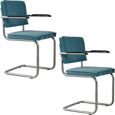 Zuiver Ridge Rib Eetkamerstoelen Armleuning Blauw - Set van 2