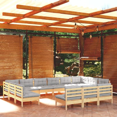 vidaXL - 13-delige - Loungeset - met - grijze - kussens - massief - grenenhout