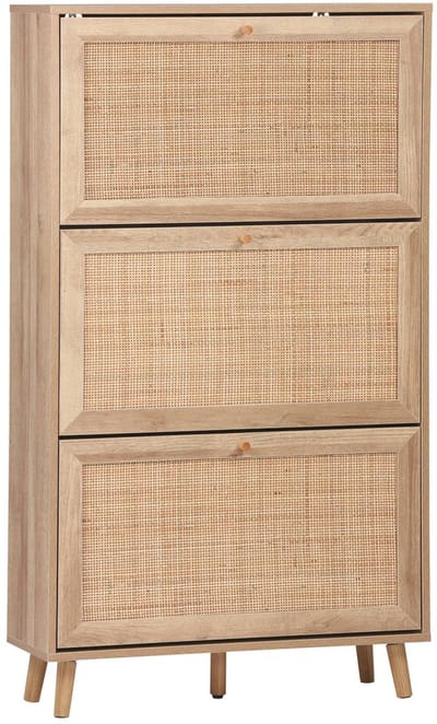 sweeek - Schoenenkast met 3 kleplades houtdecor en rotan 75cm - bohème