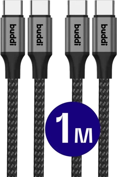 Duo Pack Buddi Flex | USB-C naar USB-C Kabel | 60W Fast Charge 20V/3A | Power Delivery | 480Mbps Dataoverdracht | Gevlochten Nylon | O.a geschikt voor iPhone 15 / 16, Samsung S24/25-Serie | 1M | Zwart