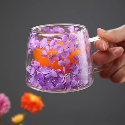 Dubbelwandige Hoge Borosilicaat Helder Glazen Kop Gedroogde Bloemen Glas Theekop Koffiemok met Handvat Hittebestendige Theekoppen 200ml pink