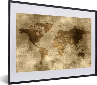 Poster in lijst - Fotolijst 60x40 cm - Posters - Wereldkaart - Antiek - Bruin - Posterlijst zwart - Decoratie - Wanddecoratie woonkamer - Muurdecoratie slaapkamer