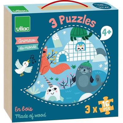 Vilac houten puzzels dieren van de wereld 3x16 stukjes educatief speelgoed.