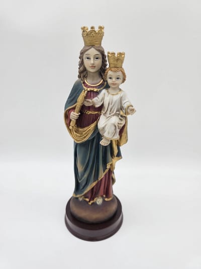 Maria met kind Jezus op haar arm - beeld 21 cm - Madonna en Jezus Christus dragen kronen - op console - materiaal polystone - religieus beeld