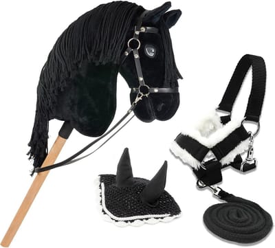 Hobby Horse Friesian Zwart A3 Compleet met hoofdstel, teugels en vliegenkap | Stokpaard voor Kinderen en Tieners