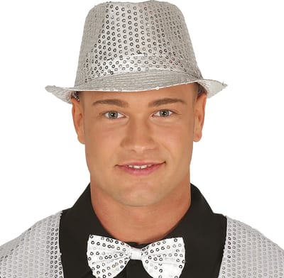 Fiestas Guirca Carnaval verkleed hoedje - glitter zilver - volwassenen/heren - met paillette