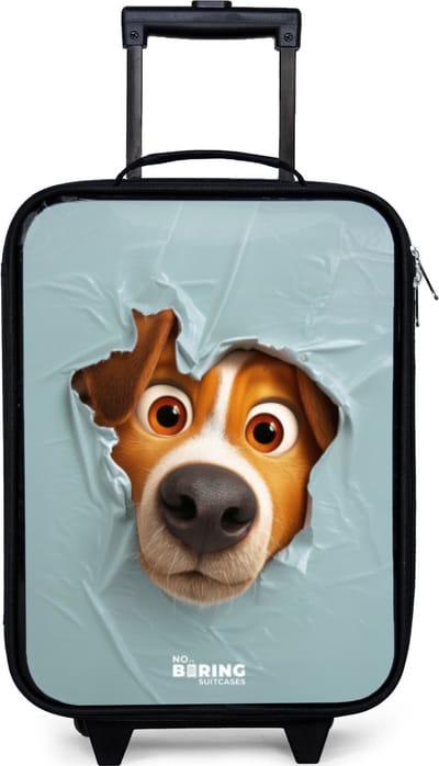 NoBoringSuitcases.com® - Kinderkoffer jongen - Kindertrolley meisje - Bruine hond door gescheurd blauw plastic - Koffer kind lichtgewicht - Reiskoffer trolley voor kinderen - Koffertje met lichtgevende wieltjes - Rolkoffer zwart