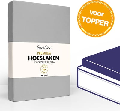 Loom One Premium Topper Hoeslaken – 97% Jersey Katoen / 3% Lycra – 140x200 cm – tot 12cm matrasdikte– 200 g/m² – Grijs