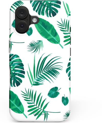 Casetastic hoesje geschikt voor Apple iPhone 16 - MagSafe - Dubbellaagse bescherming - Groene Witte Jungle Bladeren Print - Fashion Case - Wit Mintgroen Turquoise