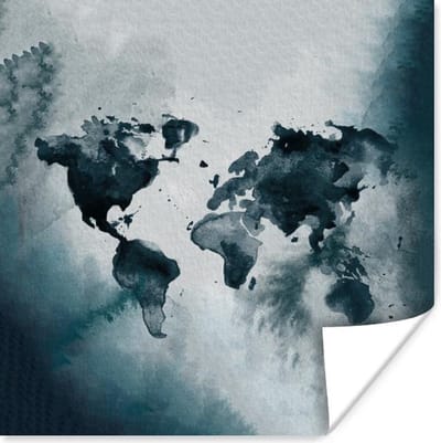 Poster 30x30 cm - Wereldkaart - Blauw - Waterverf - Posters - Kamer decoratie - Wanddecoratie woonkamer - Muurdecoratie slaapkamer