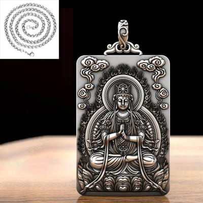 Prachtige Chinese Stijl Hanger voor Mannen Kielketting Vierkant Gesneden Duizendarmige Avalokitesvara Bodhisattva Ketting Sieraden 45cm gray