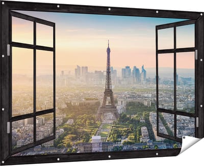 Gards Tuinposter Doorkijk Skyline van Parijs met de Eiffeltoren - 180x120 cm - Tuindoek - Tuindecoratie - Wanddecoratie buiten - Tuinschilderij