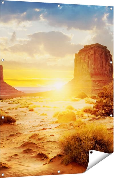 Gards Tuinposter Zonsondergang in Woestijn Monument Valley - 90x120 cm - Tuindoek - Tuindecoratie - Wanddecoratie buiten - Tuinschilderij
