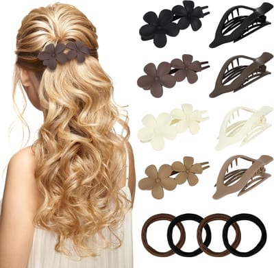 8 Stuks Haarklemmen Set voor Dames - Bloemen en Platte Haarclips met Elastiekjes
