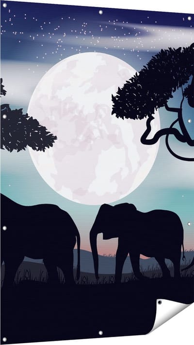 Gards Tuinposter Olifanten Silhouet tijdens Volle Maan - 100x150 cm - Tuindoek - Tuindecoratie - Wanddecoratie buiten - Tuinschilderij