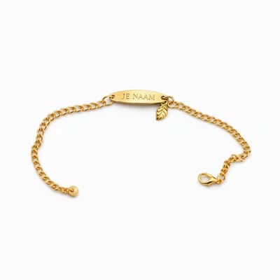 Armband met graveer, Armband met naam, Armband met gravure goudkleurig - ovale naamplaat - verstelbaar - RVS, Armband met naamplaatje ,graveerarmband