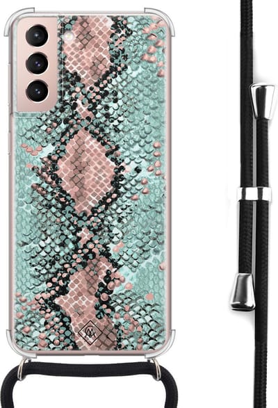 Casimoda® hoesje met koord - Geschikt voor Samsung S21 - Slangenprint pastel mint - Afneembaar koord - Siliconen/TPU - Mint