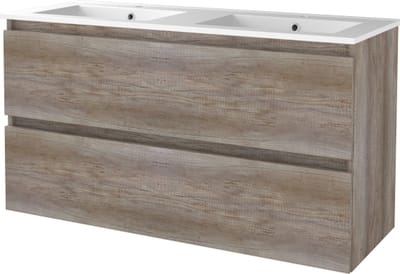 Basic Start 46 badmeubelset met greeploze wastafelonderkast met 4 lades en porseleinen wastafel met 2 kraangaten 120 x 46 cm, scotch oak