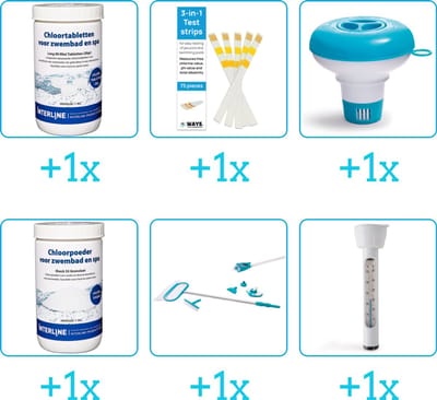 Zwembad Onderhoudspakket - Onderhoud Zwembad - bevat Chloor - Testrips - Chloordrijver - Chloor - Schoonmaakset en Thermometer (6-delig)