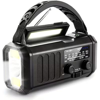 Zwarte Noodradio 10.000 mAh met Zonnepaneel & Handzwengel – Zaklamp, Leeslamp, SOS-alarm & Powerbank