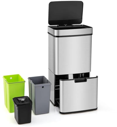 COSTWAY 72 l vuilnisemmer, 4 vakken, elektrische afvalemmer met sensor, afvalscheidingssysteem, 2 x 11 l + 3,5 l + 46,5 l, keukenafvalemmer, zachte sluiting voor keuken, kantoor, zilver + zwart
