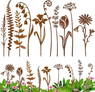 Roest Tuinsteker Set - Metalen Bloemen Bladeren - Tuin Decoratie - 10 Delige Set