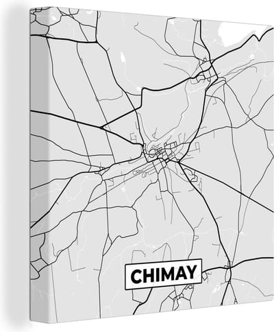 Canvas Schilderij België – Chimay – Stadskaart – Kaart – Zwart Wit – Plattegrond - 50x50 cm - Wanddecoratie