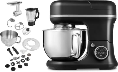MEDION 3-in-1 keukenmachine met mixer - Zwart | Roestvrijstalen kom, 1200 W, raspen, schaven, snijden, digitaal touchdisplay, kneedmachine, deegmachine, MD18430