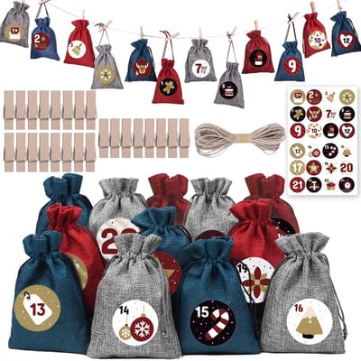 Cosensi- Adventskalenderzakken 24 stuks - Jute Geschenktas - Doe-het-zelf Countdown - Kerstfeest - Sieraden/Haaraccessoires - Inclusief Stickers/Clips - Geschenkzakjes