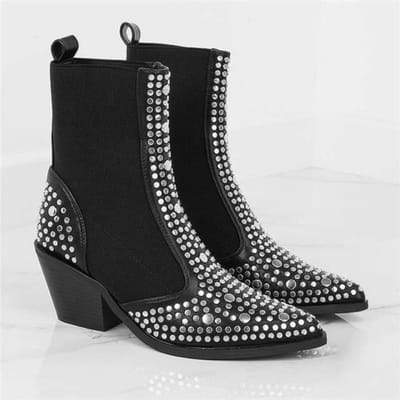 Ontwerp Hoge Kwaliteit Vierkante Hakken Klassieke Mode Klinknagels Elastische Enkellaarsjes Schoenen Dames Chelsea Boots 6