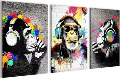 Set van 3 Moderne Woonkamer Afbeeldingen - Banksy Stijl Apen met Koptelefoon - Zwart Wit en Kleurrijk