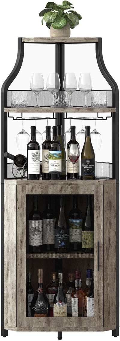 Hoek wijnrek bar kast – Modern wijnkast met wijnrek & glashouder – 5-lagen wijnkast met verstelbare schappen – Opbergkast voor woonkamer, keuken, eetkamer – Vintage Grijs