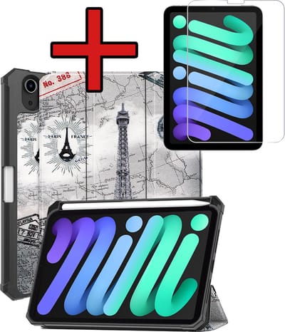 Hoesje - Geschikt voor Apple iPad Mini 7 (2024) - 8.3 inch - 7e Generatie - Met Screenprotector - Trifold Bookcase Hoes - Hard Cover Case - Met Uitsparing Geschikt voor Apple Pencil - Hardcover Book - Tablethoes - Eiffeltoren