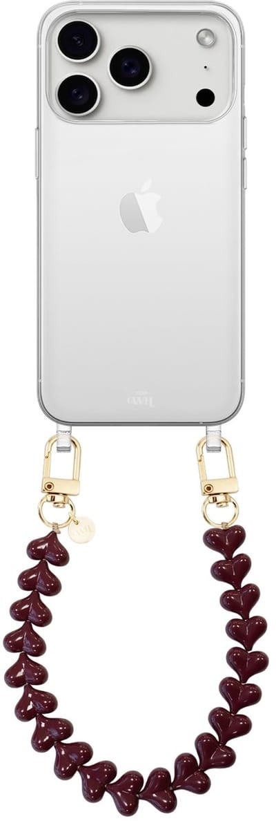 xoxo Wildhearts siliconen hoesje geschikt voor iPhone 17 Pro hoesje - Funky Hearts (Burgundy) - Telefoonhoesje - Hoesje met koord - Donkerbruin / Bruin koord - kort telefoonkoord - Hartjes ketting - Transparant hoesje