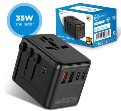 Universele wereldstekker - Snellader 35W - Reisstekker - Internationale Reisadapter - 2x USB-C en 2x USB-A - 180+ Landen - Amerika (USA) - Zuid Amerika - Engeland (UK) - Azië - Europa - Afrika - 2500W - Wereldstekker lichtgewicht - Zwart