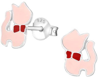 Joy|S - Zilveren kat poes oorbellen - roze met rode strikje - 7 x 10 mm