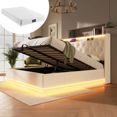 Gutent-Gestoffeerd bed 140x200 cm-tweepersoonsbed-360 graden surround LED-functie-drukknop/app/afstandsbediening-wit-met matras