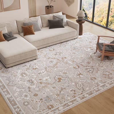 TAPISO Trend Tapijt Kortpolig - Vintage Tapijt Hoge Kwaliteit - Elegant Woonkamer Tapijt in Crème Beige met Bruin Grijs - Bloemenpatroon, Frame- Easy Care Tapijt - OEKO-TEX 80x150