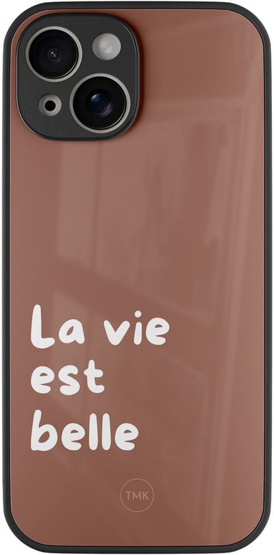 Hoesje geschikt voor Apple iPhone 13 - La vie est belle - Bruin - TPU luxe case (glossy toplaag) - Tekst - Hardcase backcover zwart