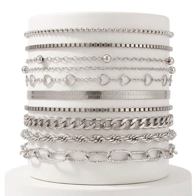 Set van 10 zilverkleurige armbanden voor dames met diverse schakelpatronen – dames armbanden set met fijn, gedraaid en plat design