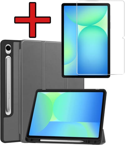 Hoesje - Geschikt voor Samsung Galaxy Tab S10 FE - Met Screenprotector - Trifold Bookcase Hoes - Hard Cover Case - Met Uitsparing Geschikt voor S Pen - Hardcover Book - Tablethoes - Grijs