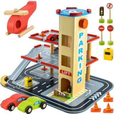 Rijoka Houten Parkeergarage - Parking met lift - Inclusief accessoires - 48x36x42cm