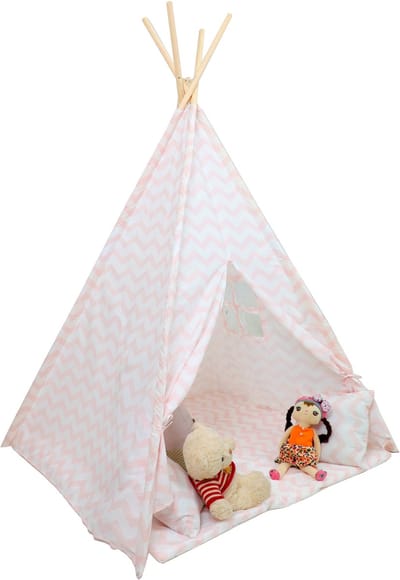 Tipi Tent - Speeltent met Vloermat en Kussens – Roze Zigzag – 120x120x160 cm – Hoogwaardig Katoen