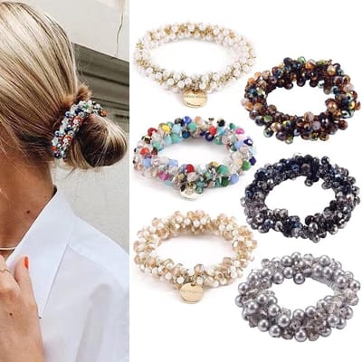 Set van 6 kristallen scrunchies - Elastische haaraccessoires met parels en strass - Mode voor vrouwen en meisjes